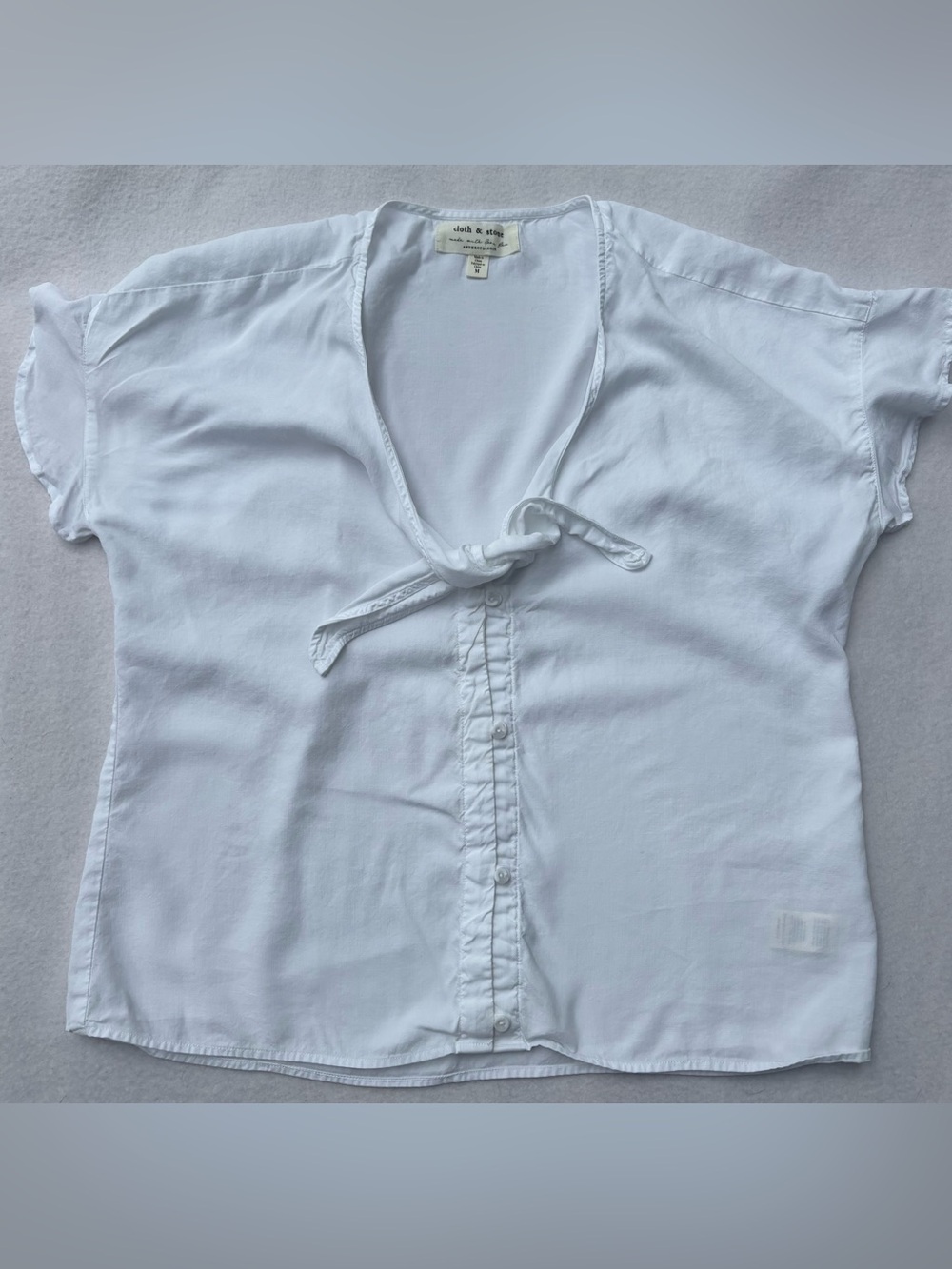 Anthropologie White Short-Sleeve Button-Front Tie-Neck Shirt